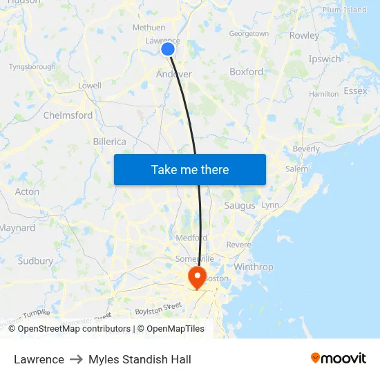 Lawrence to Myles Standish Hall map
