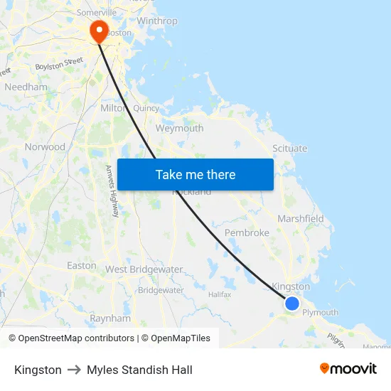 Kingston to Myles Standish Hall map