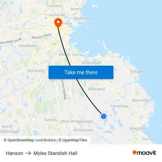 Hanson to Myles Standish Hall map