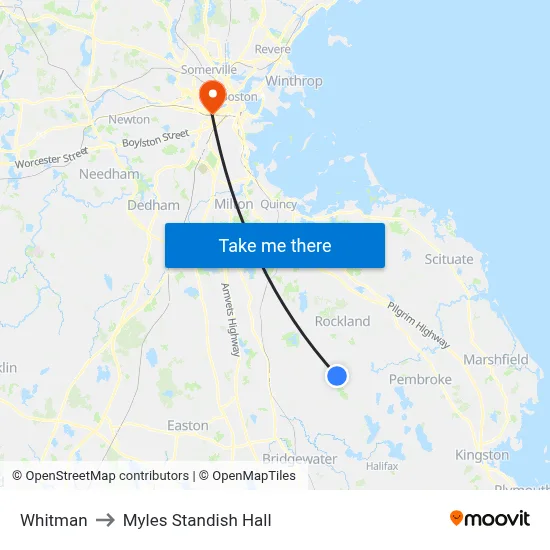 Whitman to Myles Standish Hall map