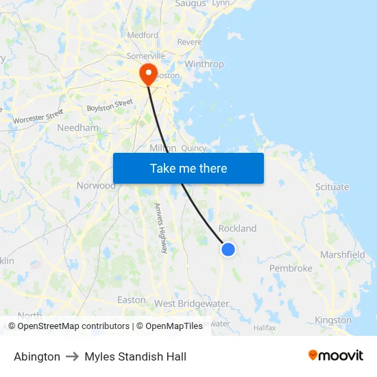 Abington to Myles Standish Hall map