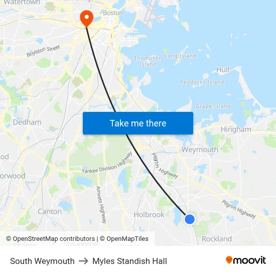 South Weymouth to Myles Standish Hall map
