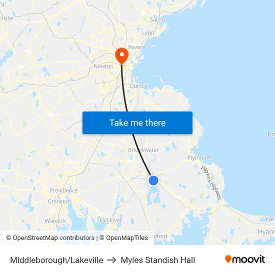 Middleborough/Lakeville to Myles Standish Hall map