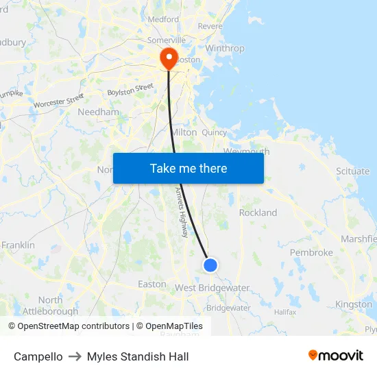 Campello to Myles Standish Hall map