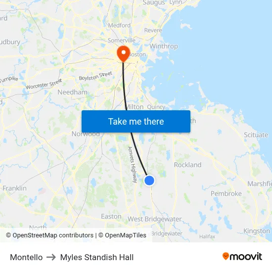 Montello to Myles Standish Hall map
