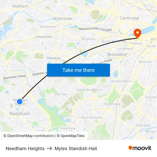 Needham Heights to Myles Standish Hall map