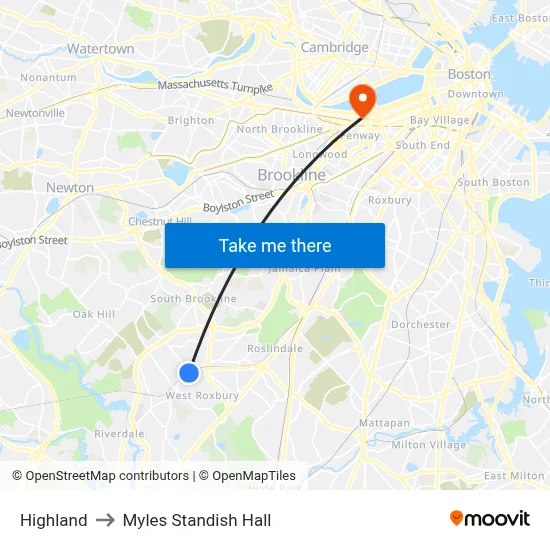 Highland to Myles Standish Hall map