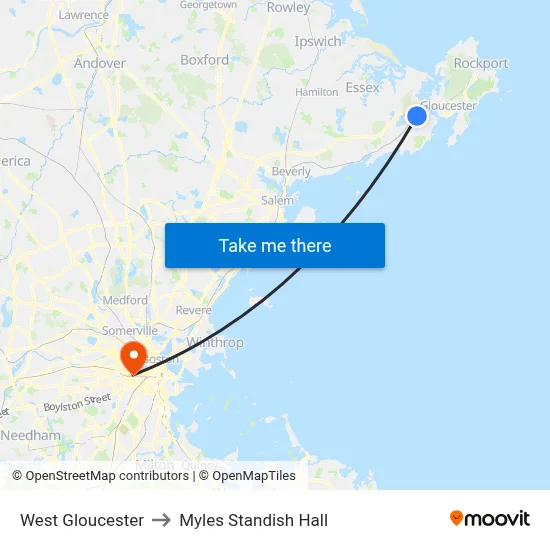 West Gloucester to Myles Standish Hall map
