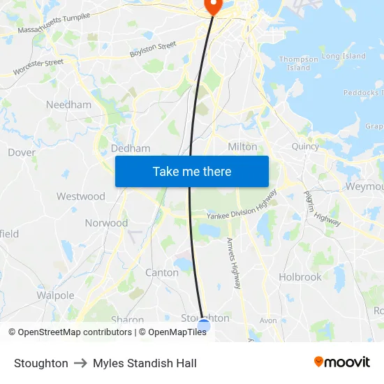 Stoughton to Myles Standish Hall map