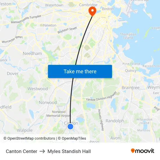 Canton Center to Myles Standish Hall map