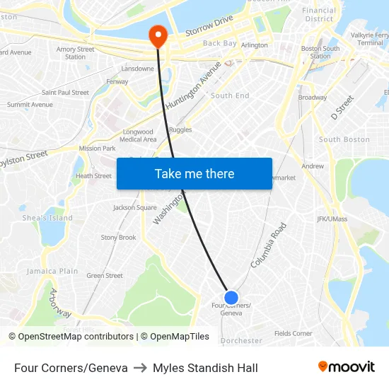 Four Corners/Geneva to Myles Standish Hall map
