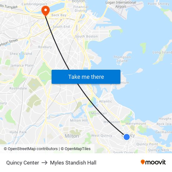 Quincy Center to Myles Standish Hall map