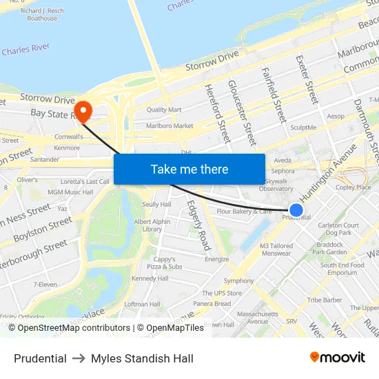 Prudential to Myles Standish Hall map