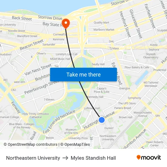 Northeastern University to Myles Standish Hall map