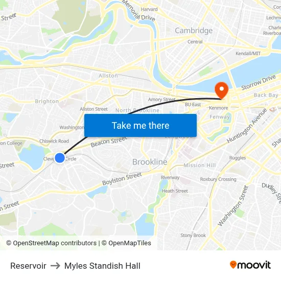 Reservoir to Myles Standish Hall map