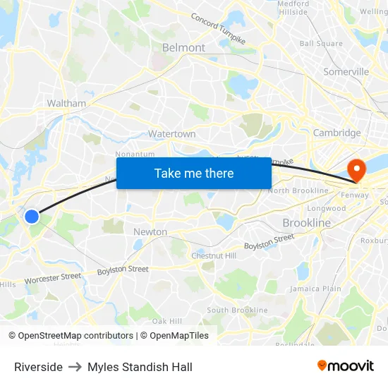 Riverside to Myles Standish Hall map