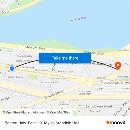 Boston Univ. East to Myles Standish Hall map