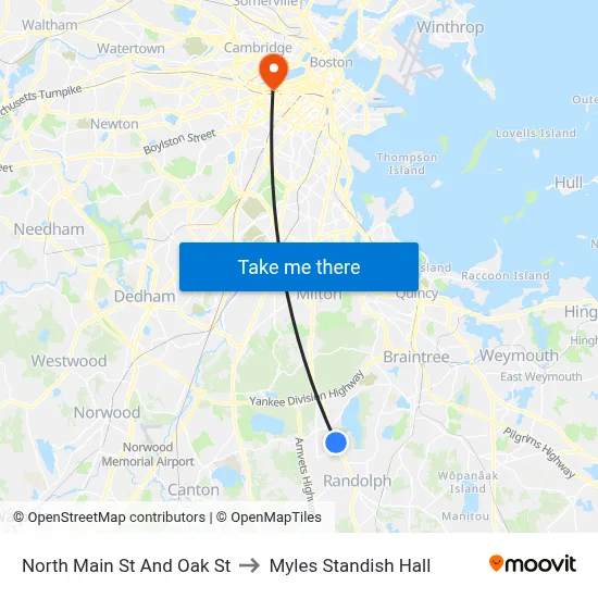 North Main St And Oak St to Myles Standish Hall map