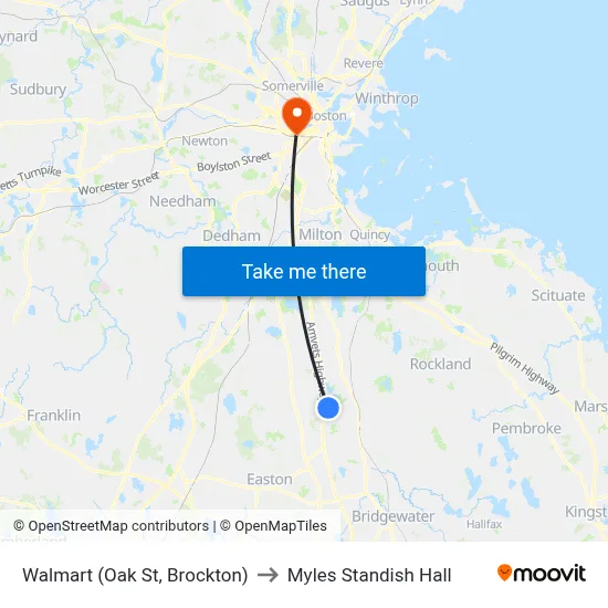 Walmart (Oak St, Brockton) to Myles Standish Hall map