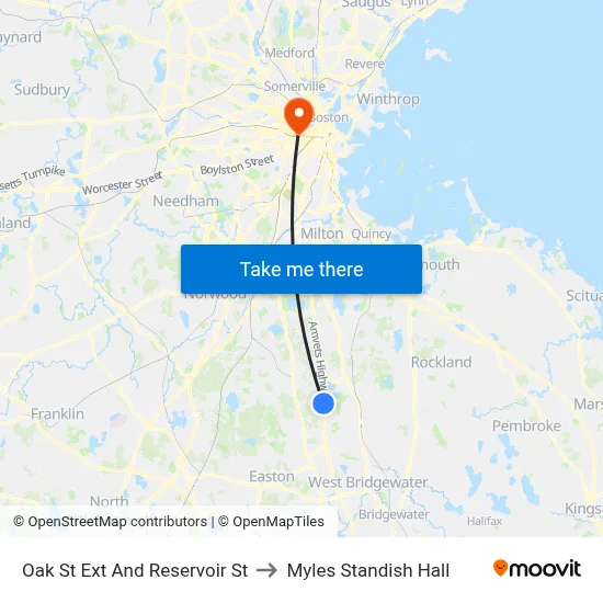 Oak St Ext And Reservoir St to Myles Standish Hall map