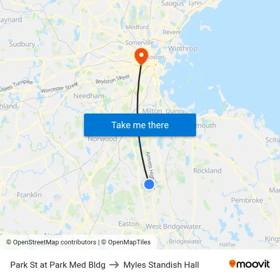 Park St at Park Med Bldg to Myles Standish Hall map