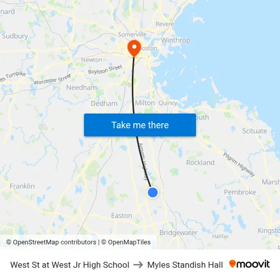West St at West Jr High School to Myles Standish Hall map