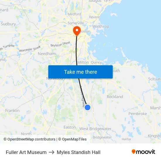 Fuller Art Museum to Myles Standish Hall map