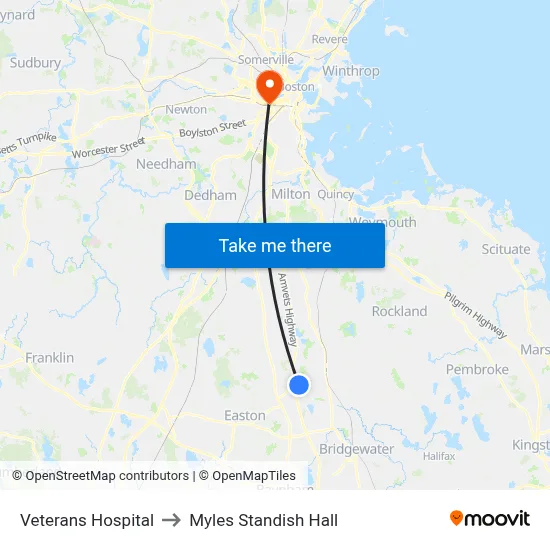 Veterans Hospital to Myles Standish Hall map