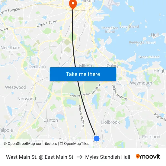 West Main St. @ East Main St. to Myles Standish Hall map