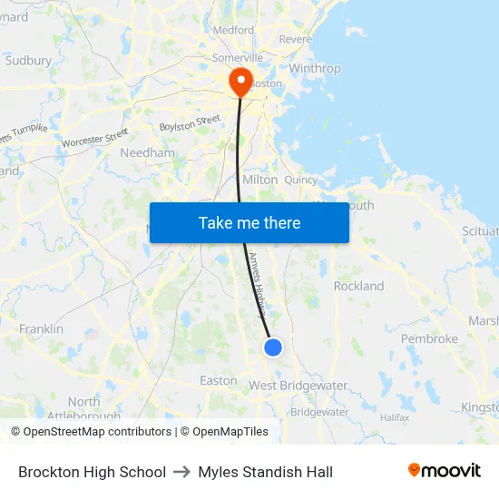 Brockton High School to Myles Standish Hall map