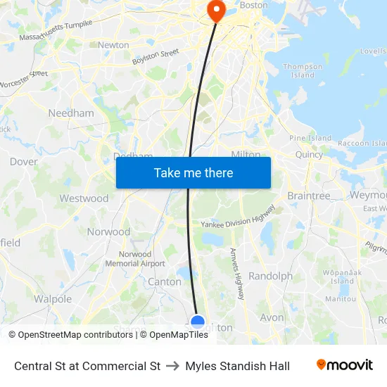 Central St at Commercial St to Myles Standish Hall map