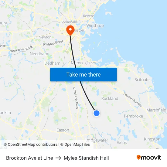 Brockton Ave at Line to Myles Standish Hall map