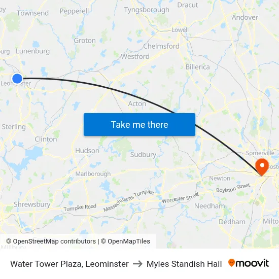 Water Tower Plaza, Leominster to Myles Standish Hall map