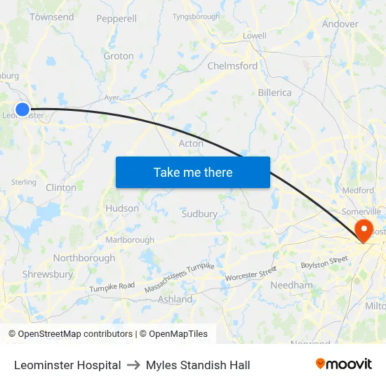 Leominster Hospital to Myles Standish Hall map