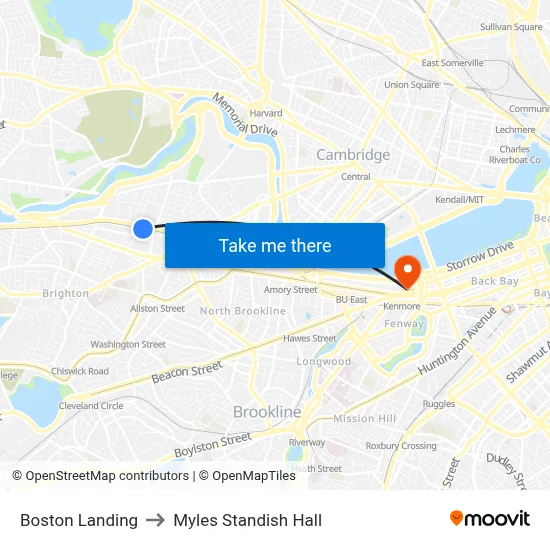 Boston Landing to Myles Standish Hall map