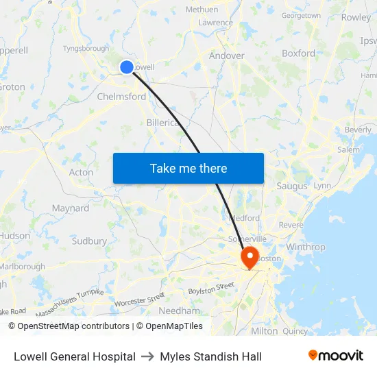 Lowell General Hospital to Myles Standish Hall map