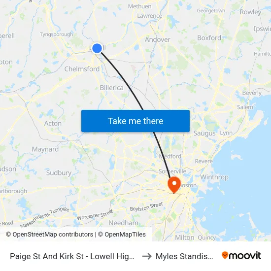 Paige St And Kirk St - Lowell High School to Myles Standish Hall map