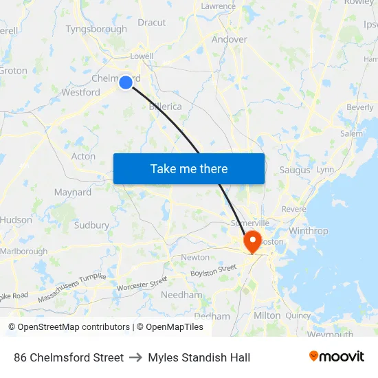 86 Chelmsford Street to Myles Standish Hall map