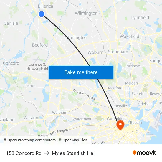 158 Concord Rd to Myles Standish Hall map