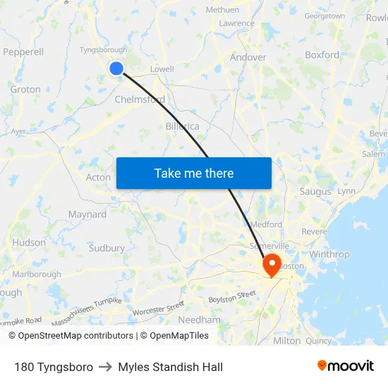 180 Tyngsboro to Myles Standish Hall map