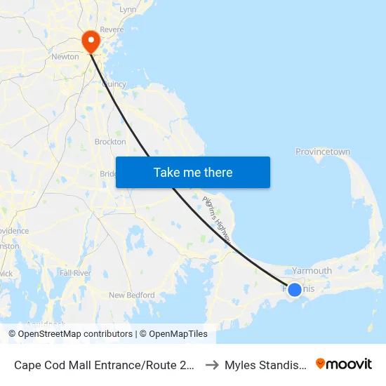 Cape Cod Mall Entrance/Route 28, Hyannis to Myles Standish Hall map