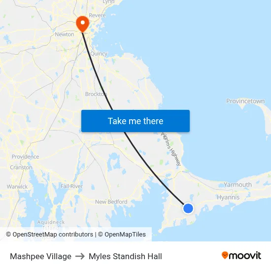 Mashpee Village to Myles Standish Hall map