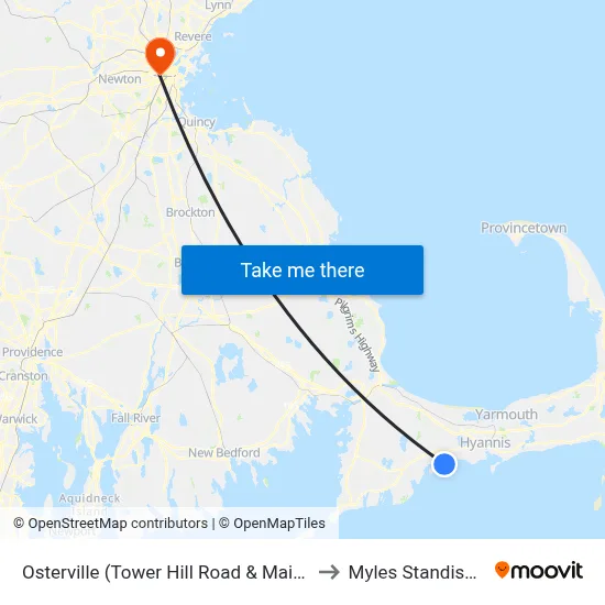 Osterville (Tower Hill Road & Main Street) to Myles Standish Hall map
