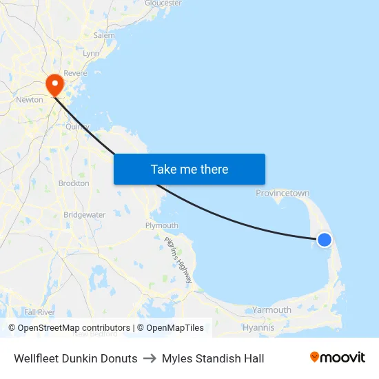 Wellfleet Dunkin Donuts to Myles Standish Hall map