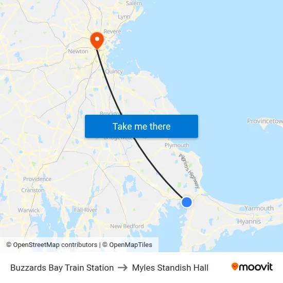 Buzzards Bay Train Station to Myles Standish Hall map