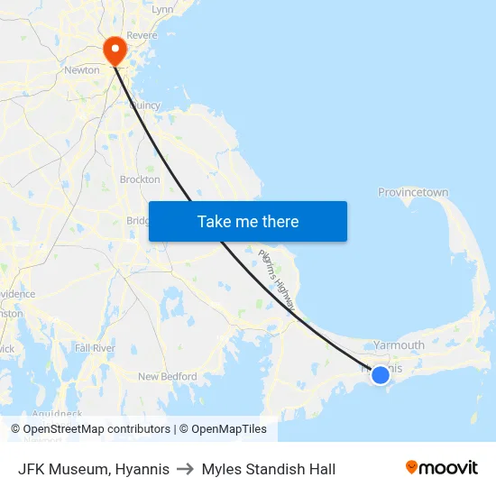 JFK Museum, Hyannis to Myles Standish Hall map