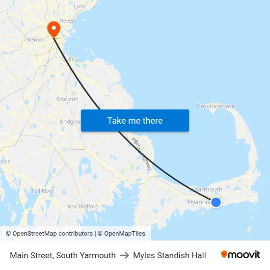 Main Street, South Yarmouth to Myles Standish Hall map