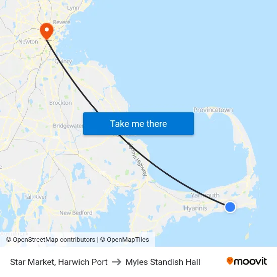 Star Market, Harwich Port to Myles Standish Hall map