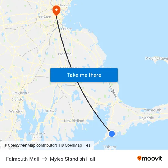 Falmouth Mall to Myles Standish Hall map