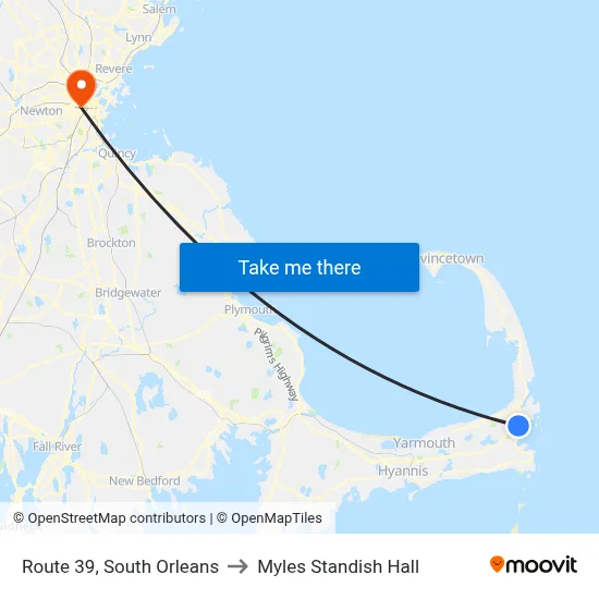 Route 39, South Orleans to Myles Standish Hall map